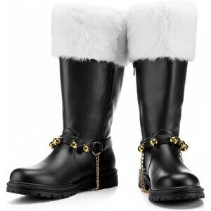 Men's Black Brass Bells Premium Faux Leather Wide Calf Santa Combat Shoes